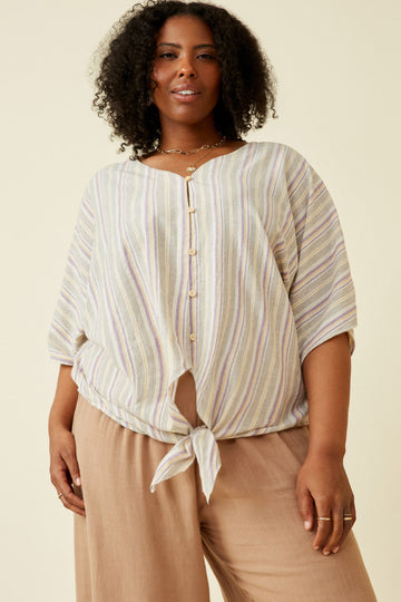 HY7014 Lavender Womens Buttoned Textured Strip Tied Dolman Top
